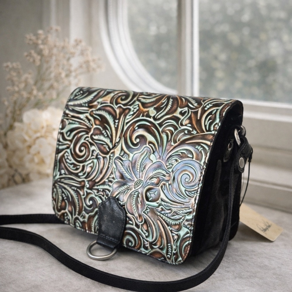 Patricia Nash Ilina Leather Floral Embossed Tooled Turquoise Crossbody Handbag